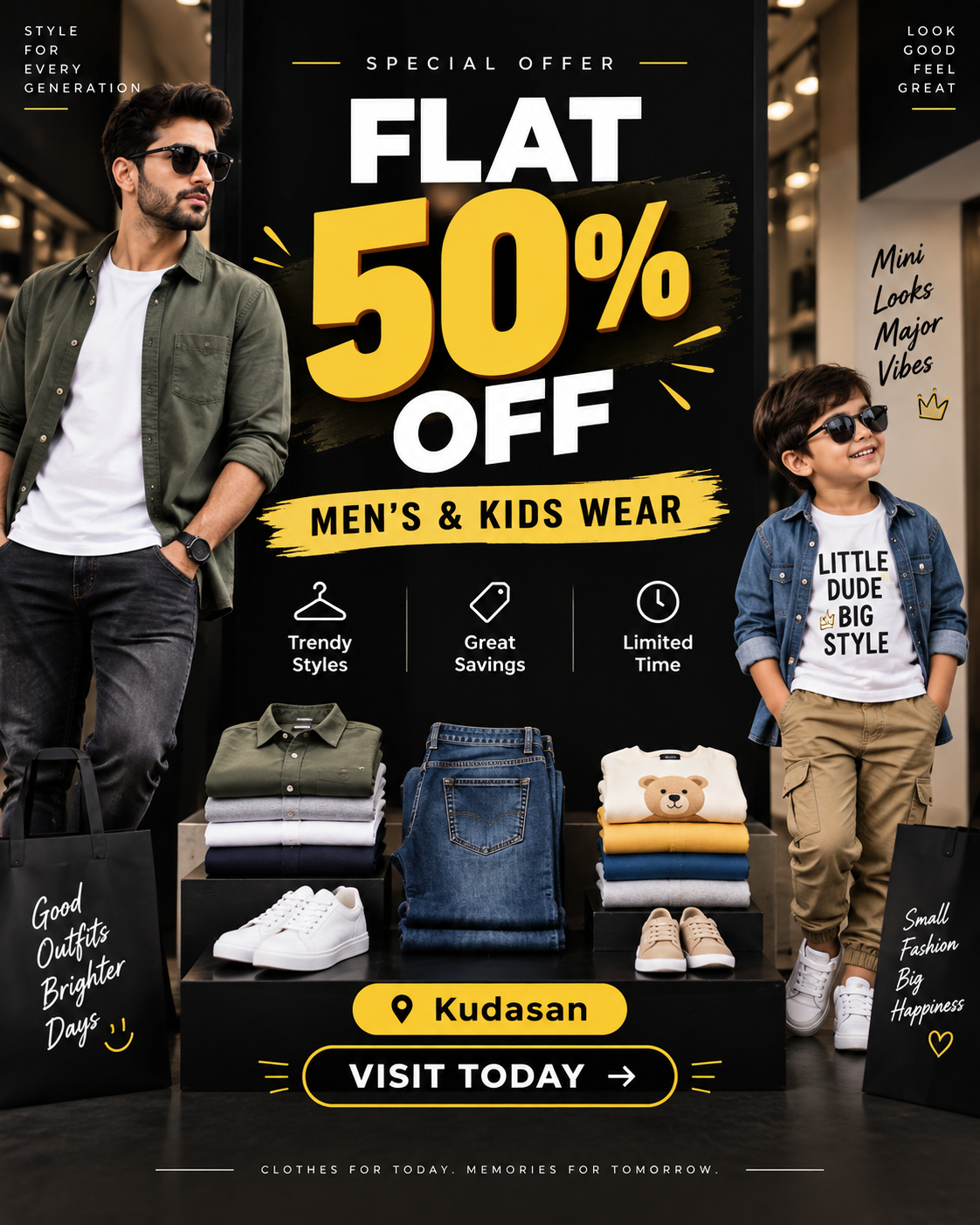 Flat 50% Off Men's & Kids Wear