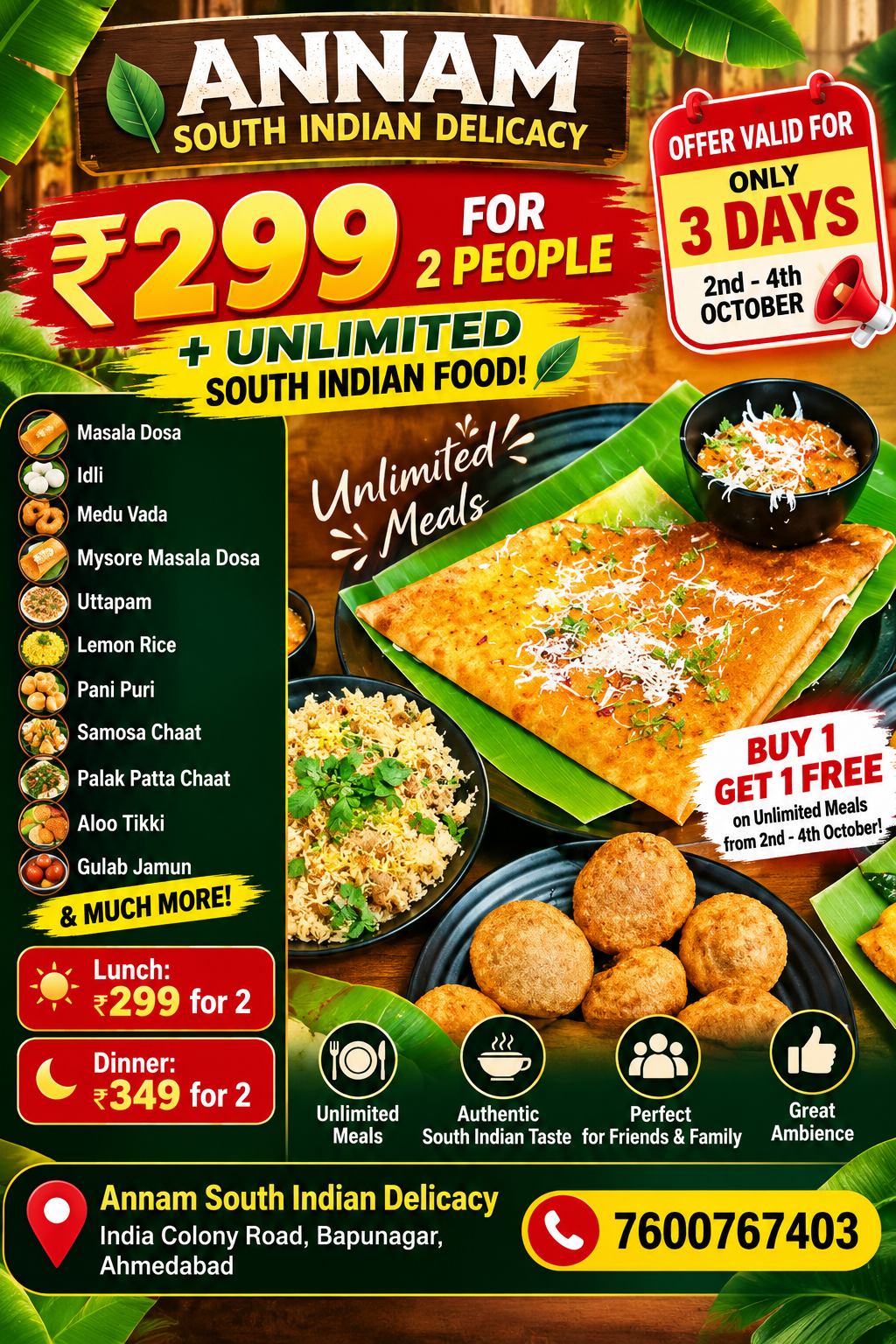 Unlimited South Indian Meals for 2 People at ₹299